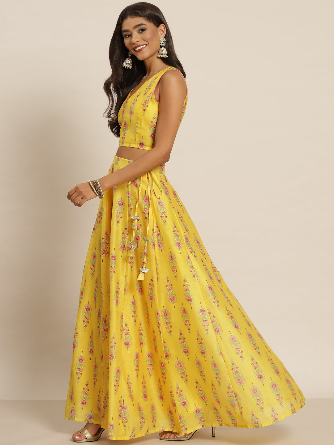 Women Yellow Chanderi Floral Crop Top With Aanrkali Skirt