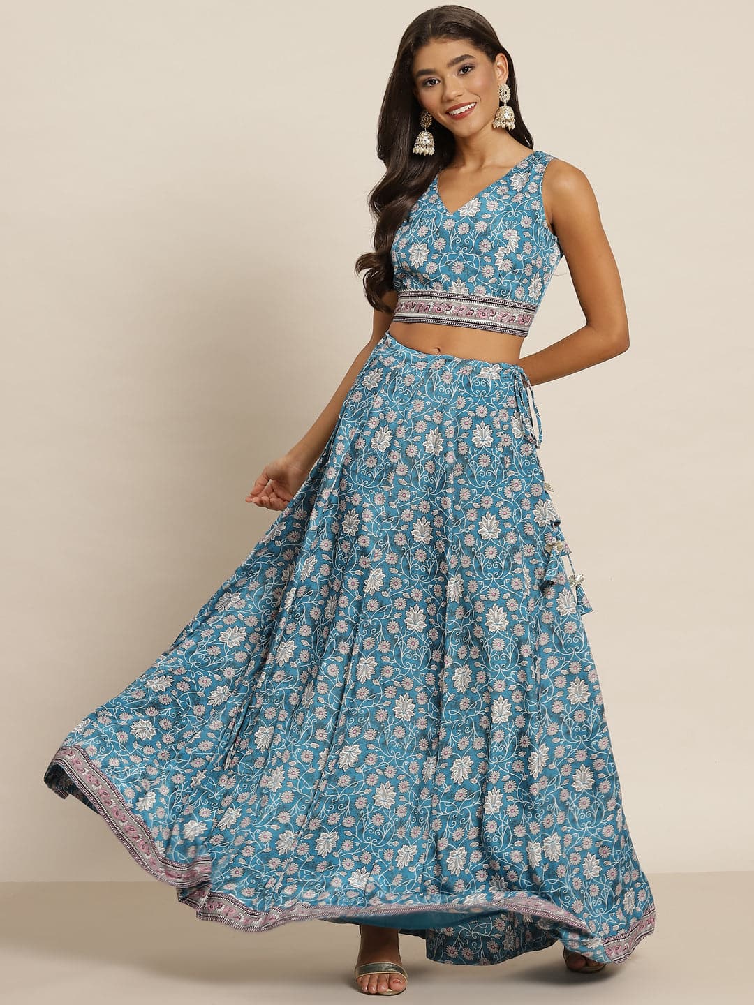 Women Teal Floral Crop Top With Aanrkali Skirt-Lehenga Choli Set-SASSAFRAS