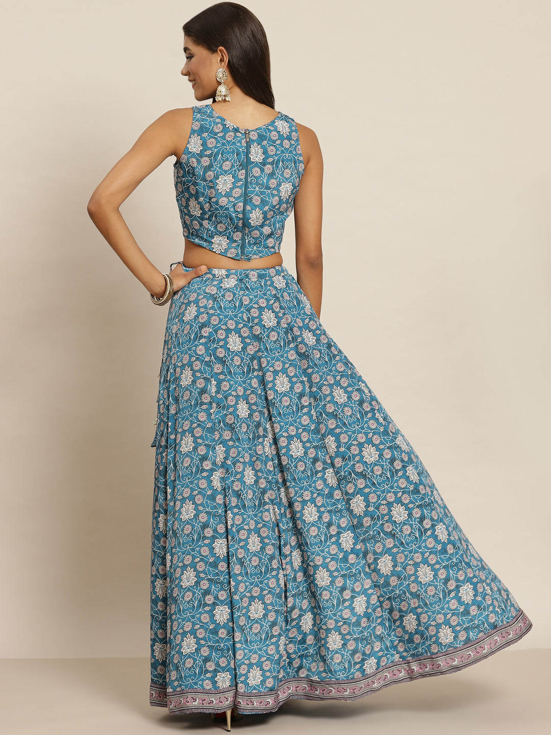 Women Teal Floral Crop Top With Aanrkali Skirt