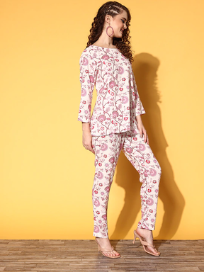 Women Pink Floral A Line Top With Pencil Pants
