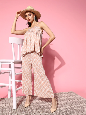 Women Peach Leaf Print Strappy Top With Ankle Palazzo