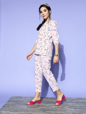 Women Powder Pink Floral Sustainable Top With Straight Pants
