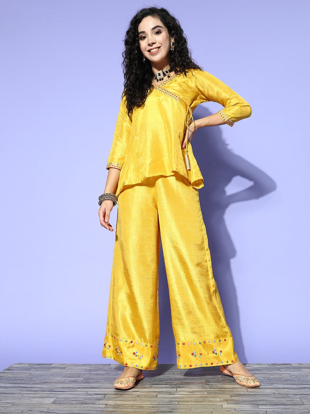 Mustard Mirror Embroidered Top With Palazzo Pants-Shae by SASSAFRAS