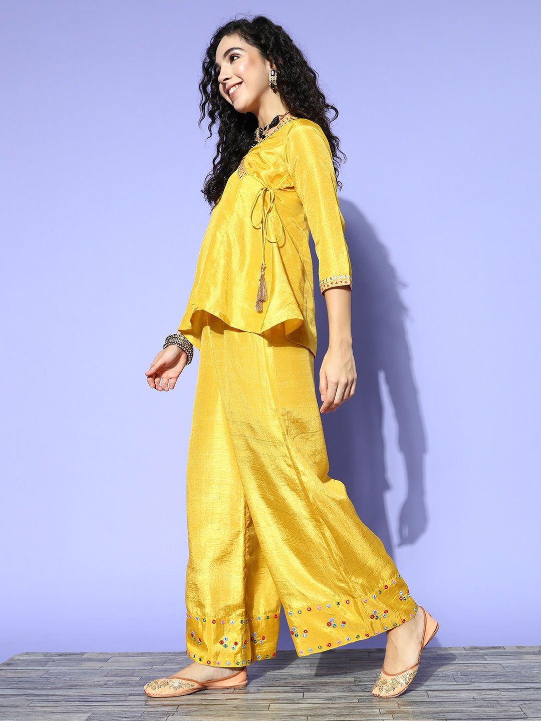 Women Mustard Mirror Embroidered Top With Palazzo Pants