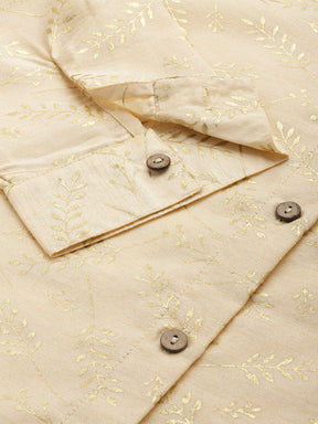 Women Beige Chanderi Gold Foil Shirt With Pencil Pants