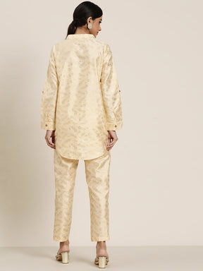Women Beige Chanderi Gold Foil Shirt With Pencil Pants