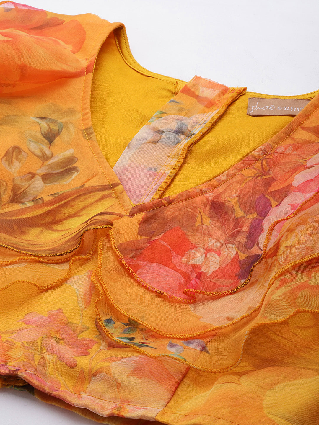 Women Yellow Organza Floral Crop Top With Anarkali Skirt