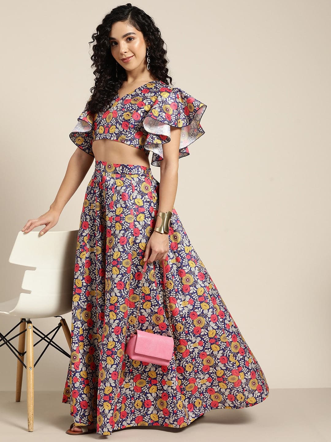 Buy Women Purple Floral Chanderi Crop Top With Anarkali Skirt ...