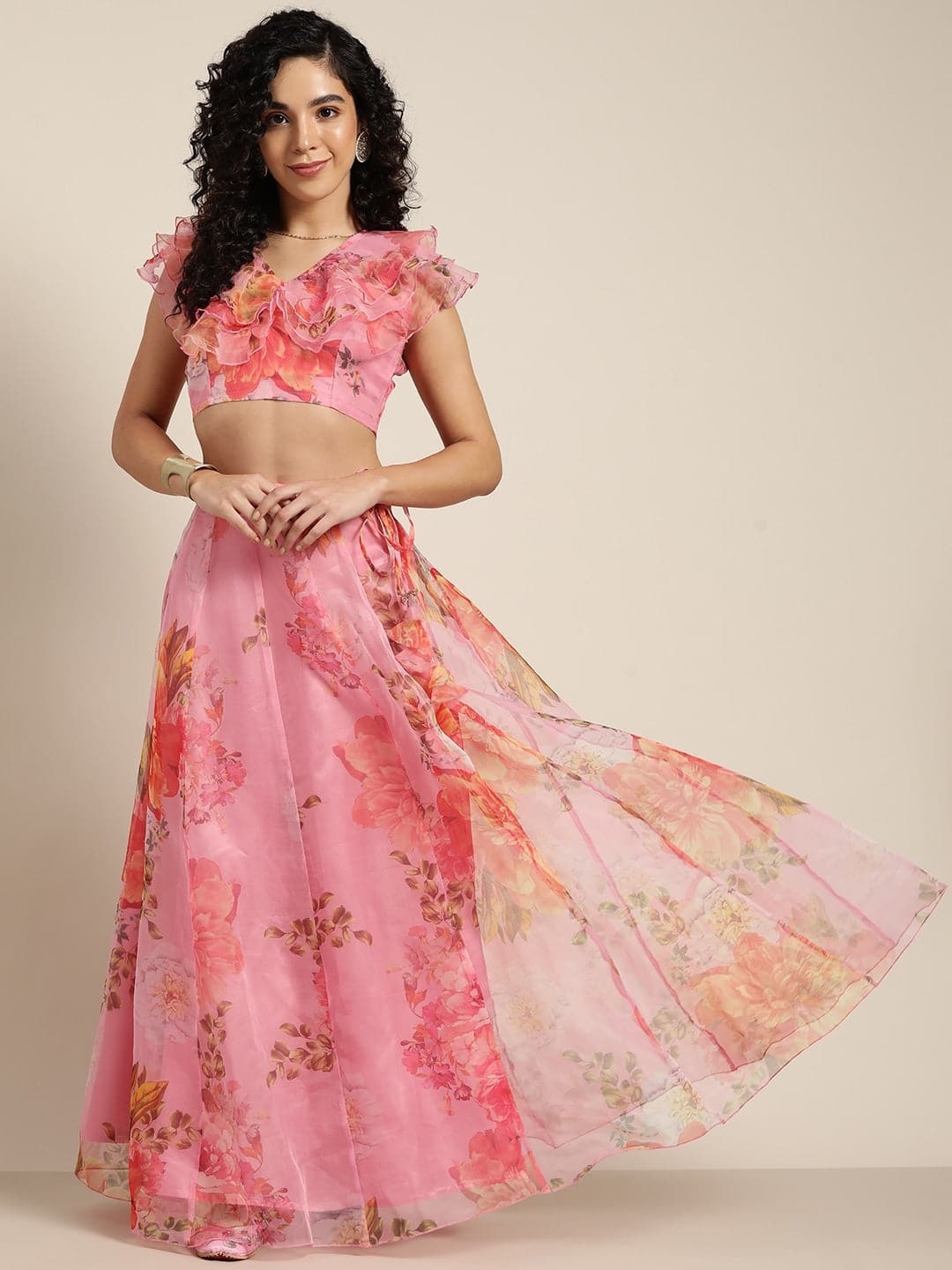 Pink Organza Floral Crop Top With Anarkali Skirt-Shae by SASSAFRAS