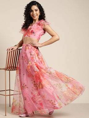 Women Pink Organza Floral Crop Top With Anarkali Skirt