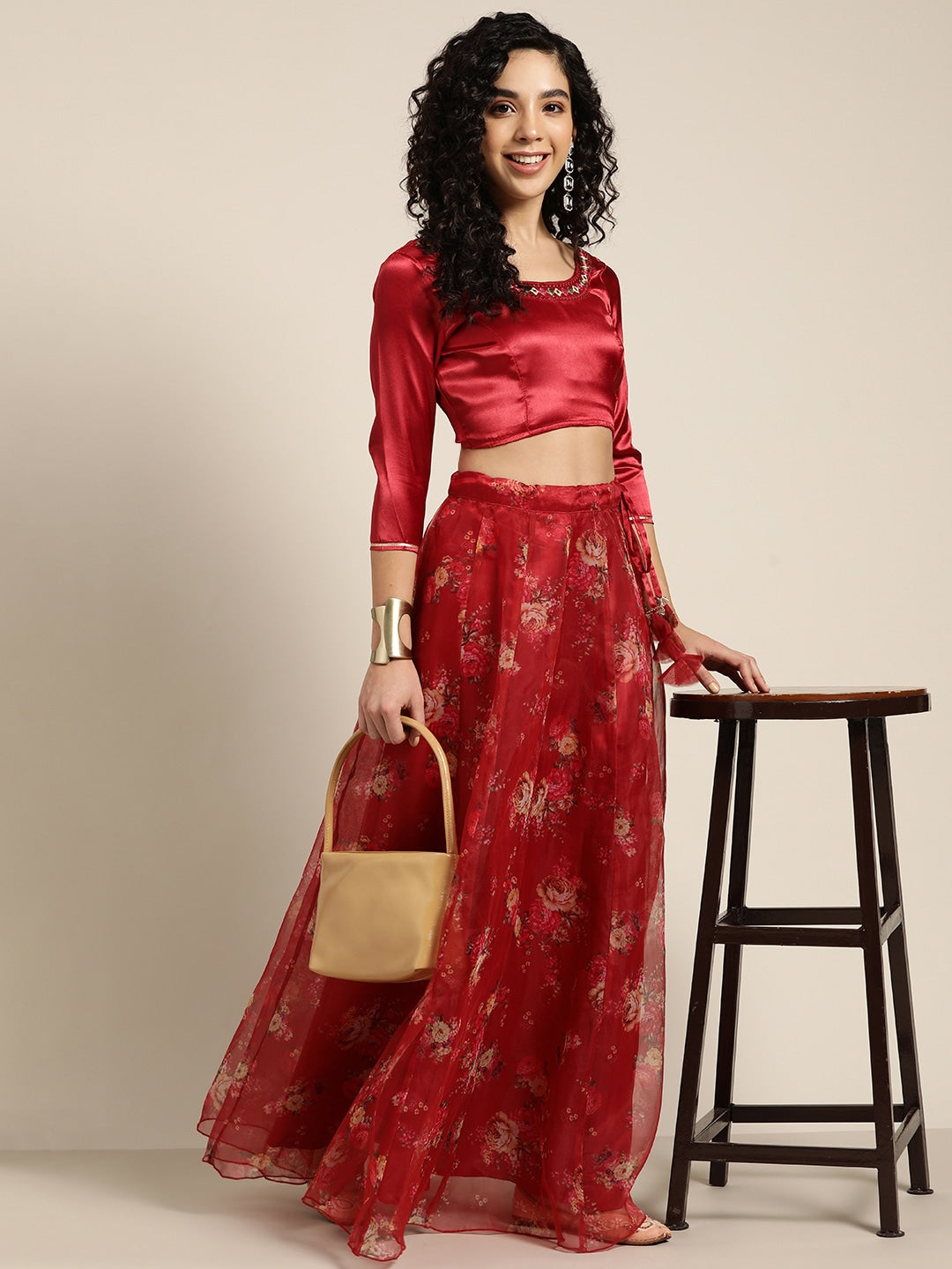 Women Maroon Organza Crop Top With Anarkali Skirt