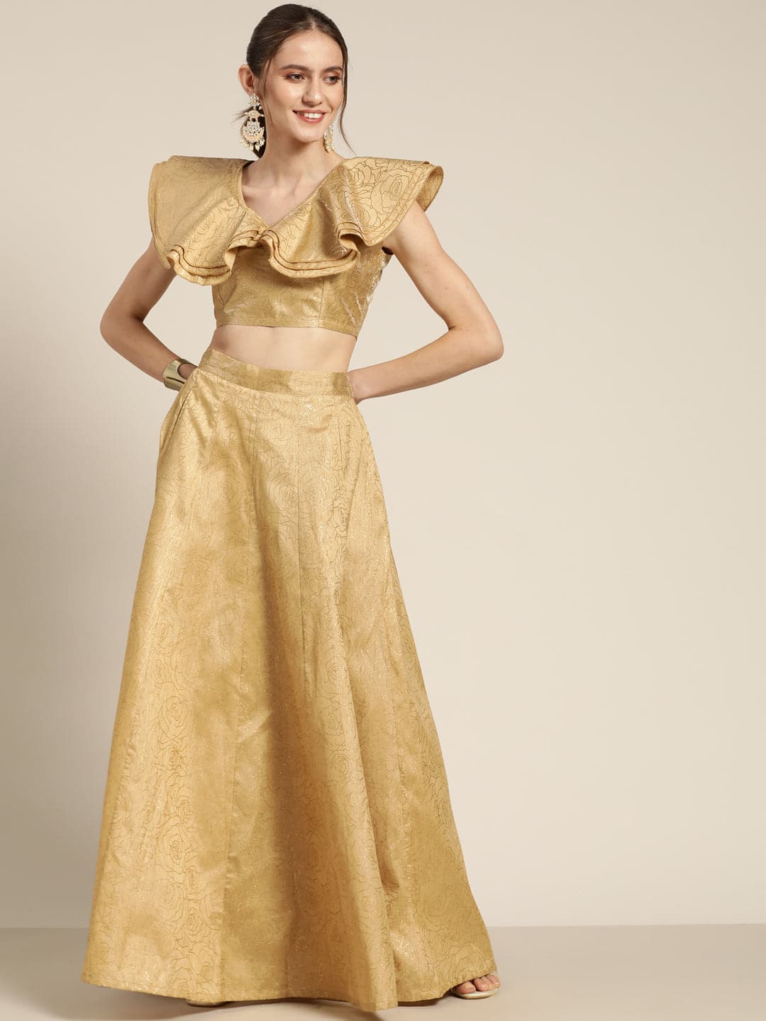 Gold Chanderi Foil Crop Top With Anarkali Skirt Shae by SASSAFRAS