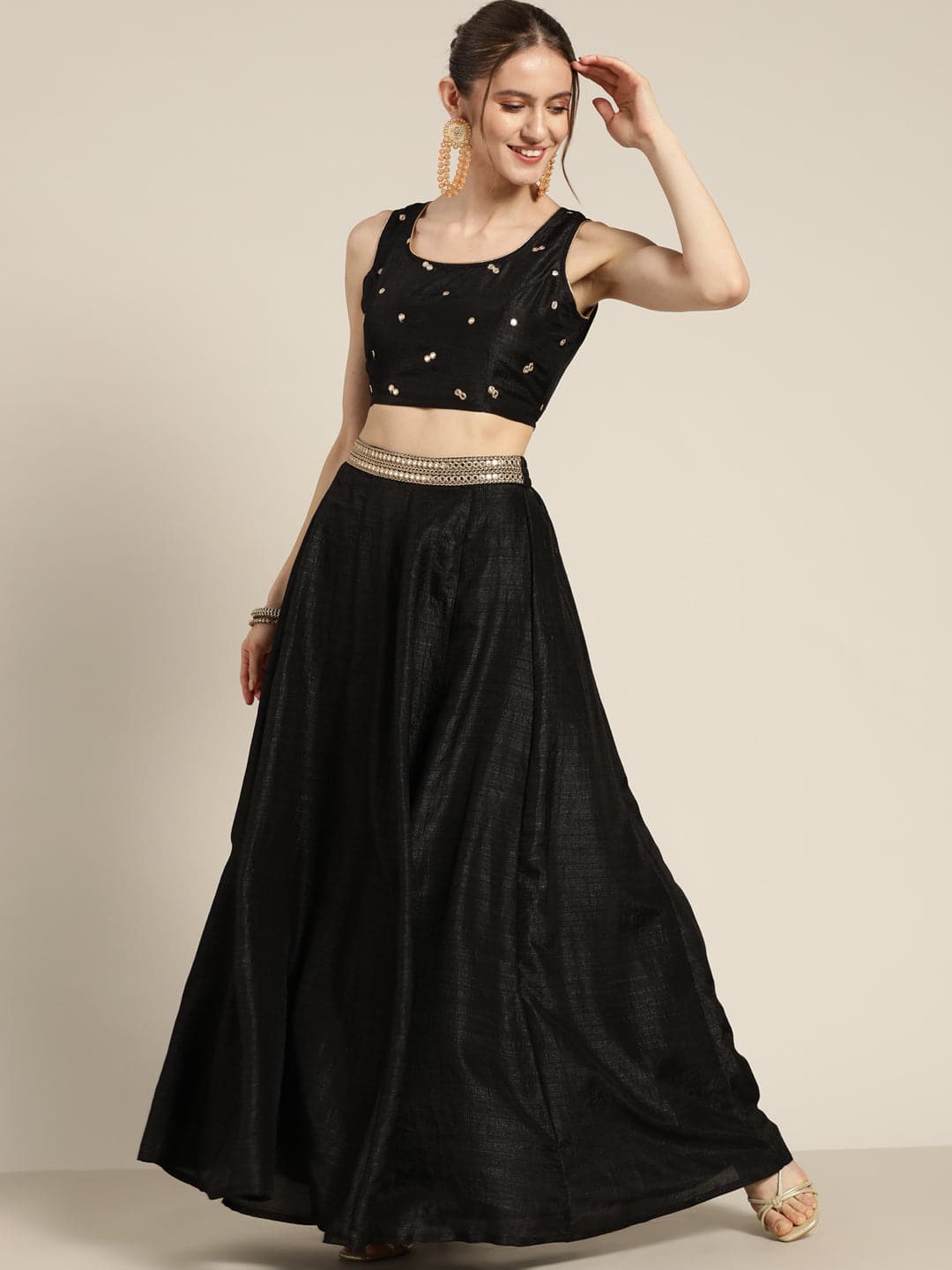 Black Mirror Embroidered Top With Anarkali Skirt Shae by SASSAFRAS