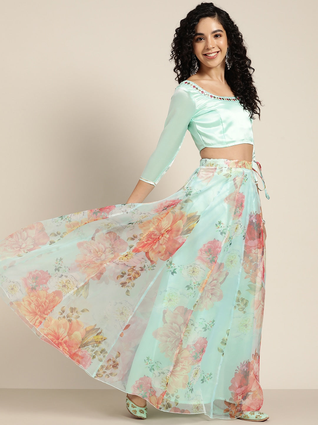 Buy Women Sea Green Organza Crop Top With Anarkali Skirt Online at ...