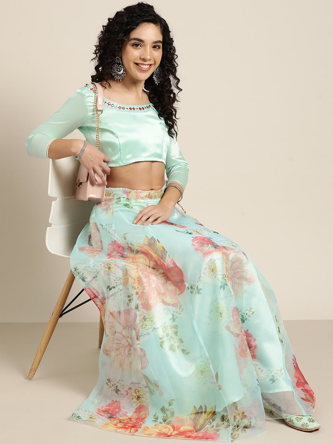 Buy Women Sea Green Organza Crop Top With Anarkali Skirt Online at ...