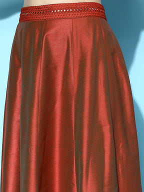 Women Rust Mirror Emb Crop Top With Anarkali Skirt
