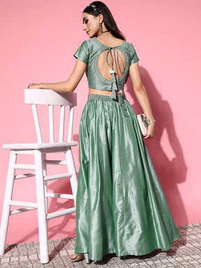 Green Mirror Crop Top With Anarkali Skirt Shae by SASSAFRAS