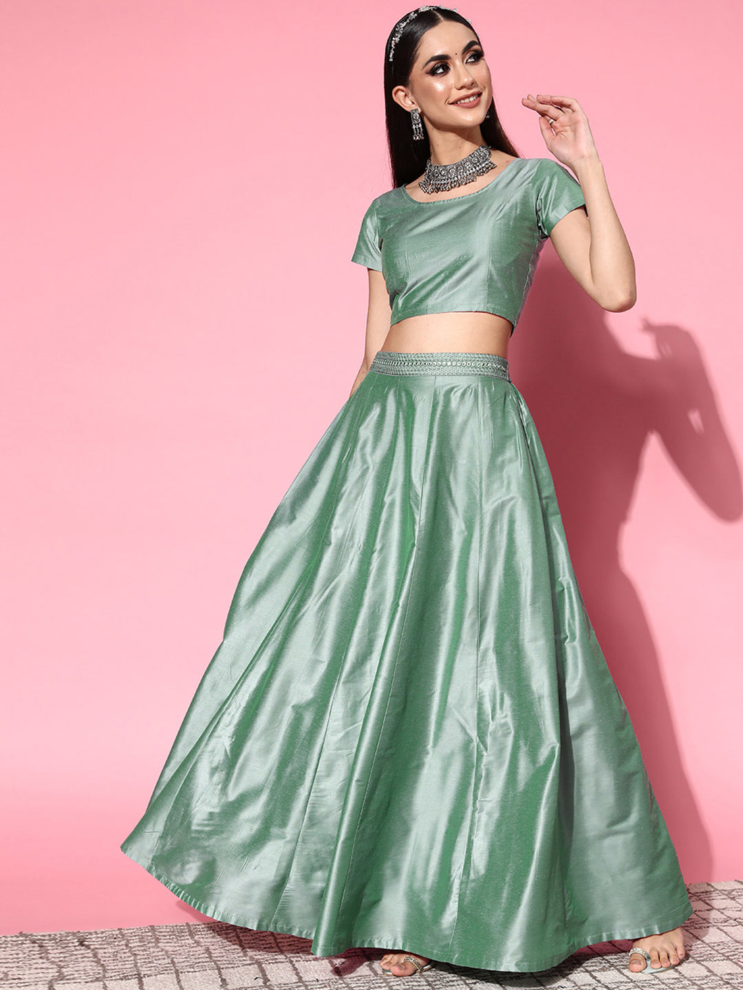 Women Green Mirror Crop Top With Anarkali Skirt