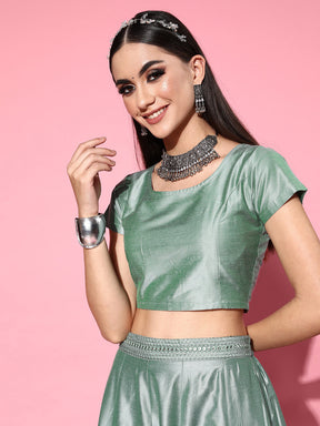 Women Green Mirror Crop Top With Anarkali Skirt