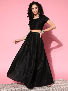 Women Black Mirror Crop Top With Anarkali Skirt