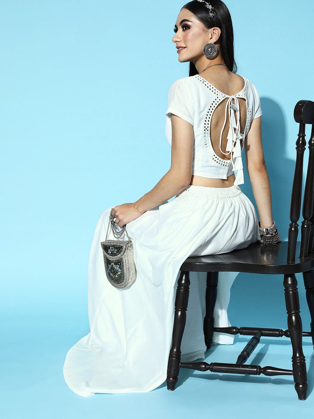 White Mirror Crop Top With Anarkali Skirt Shae by SASSAFRAS