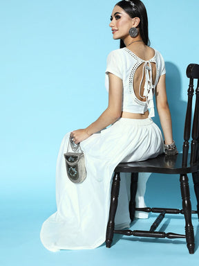 White Mirror Crop Top With Anarkali Skirt Shae by SASSAFRAS