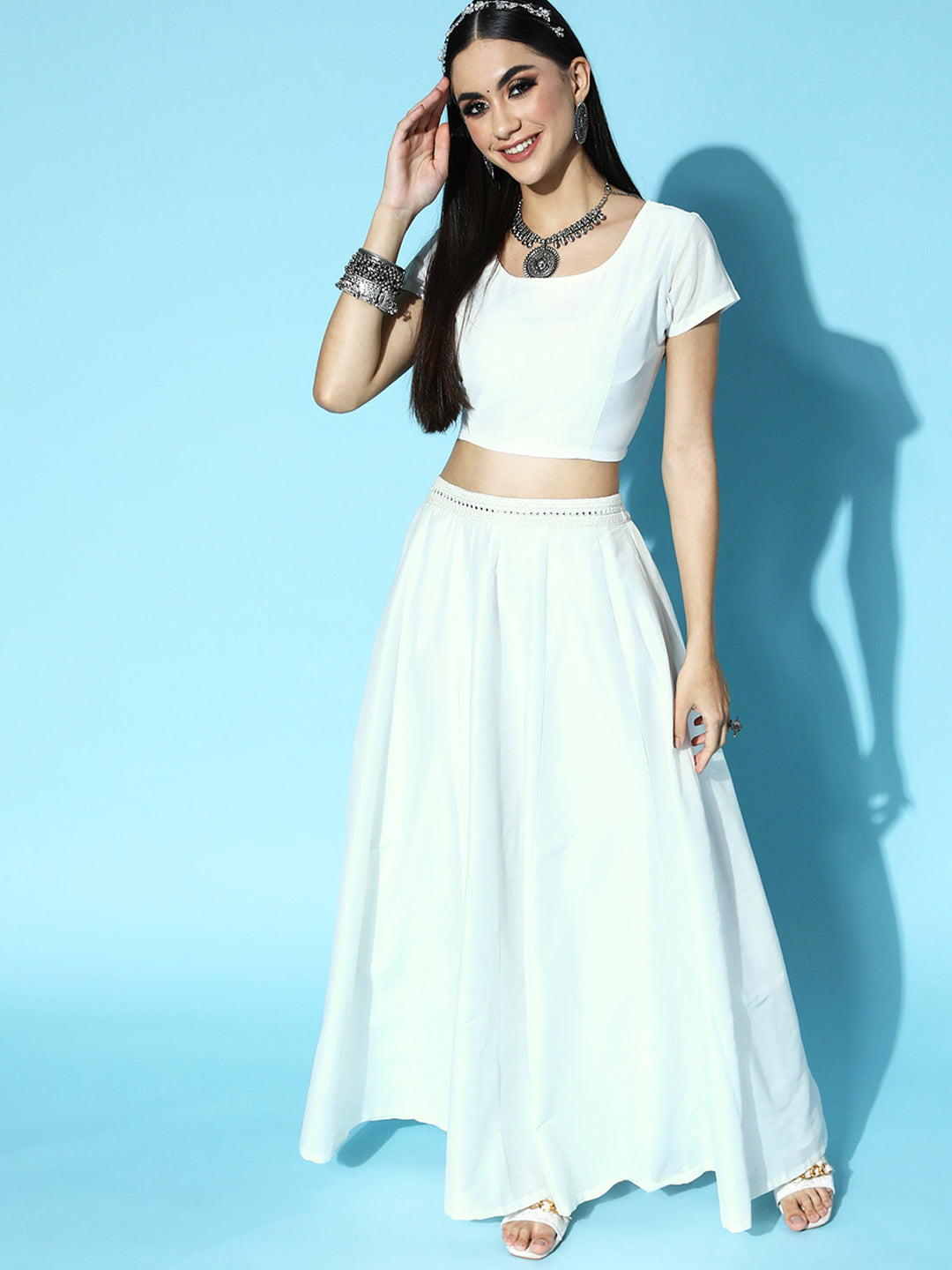 Women White Mirror Crop Top With Anarkali Skirt