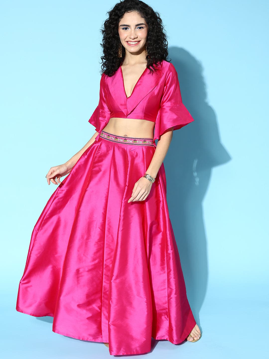 Pink Notched Crop Top With Anarkali Skirt Shae by SASSAFRAS