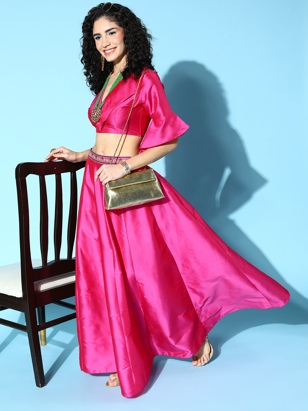 Women Pink Notched Crop Top With Anarkali Skirt