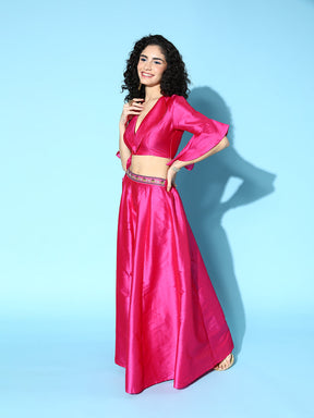 Women Pink Notched Crop Top With Anarkali Skirt