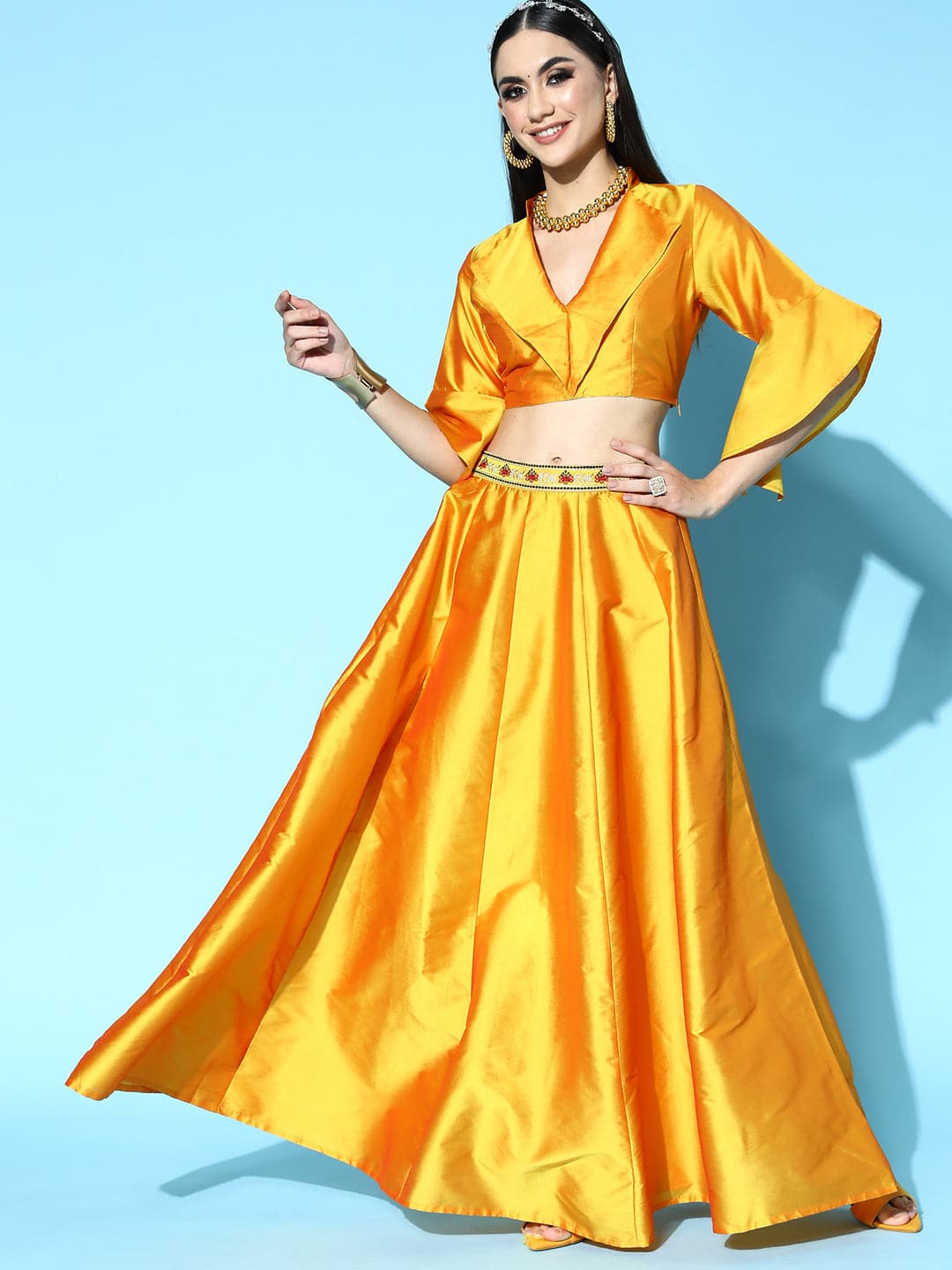 Mustard Notched Crop Top With Anarkali Skirt Shae by SASSAFRAS