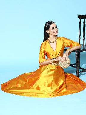 Women Mustard Notched Crop Top With Anarkali Skirt