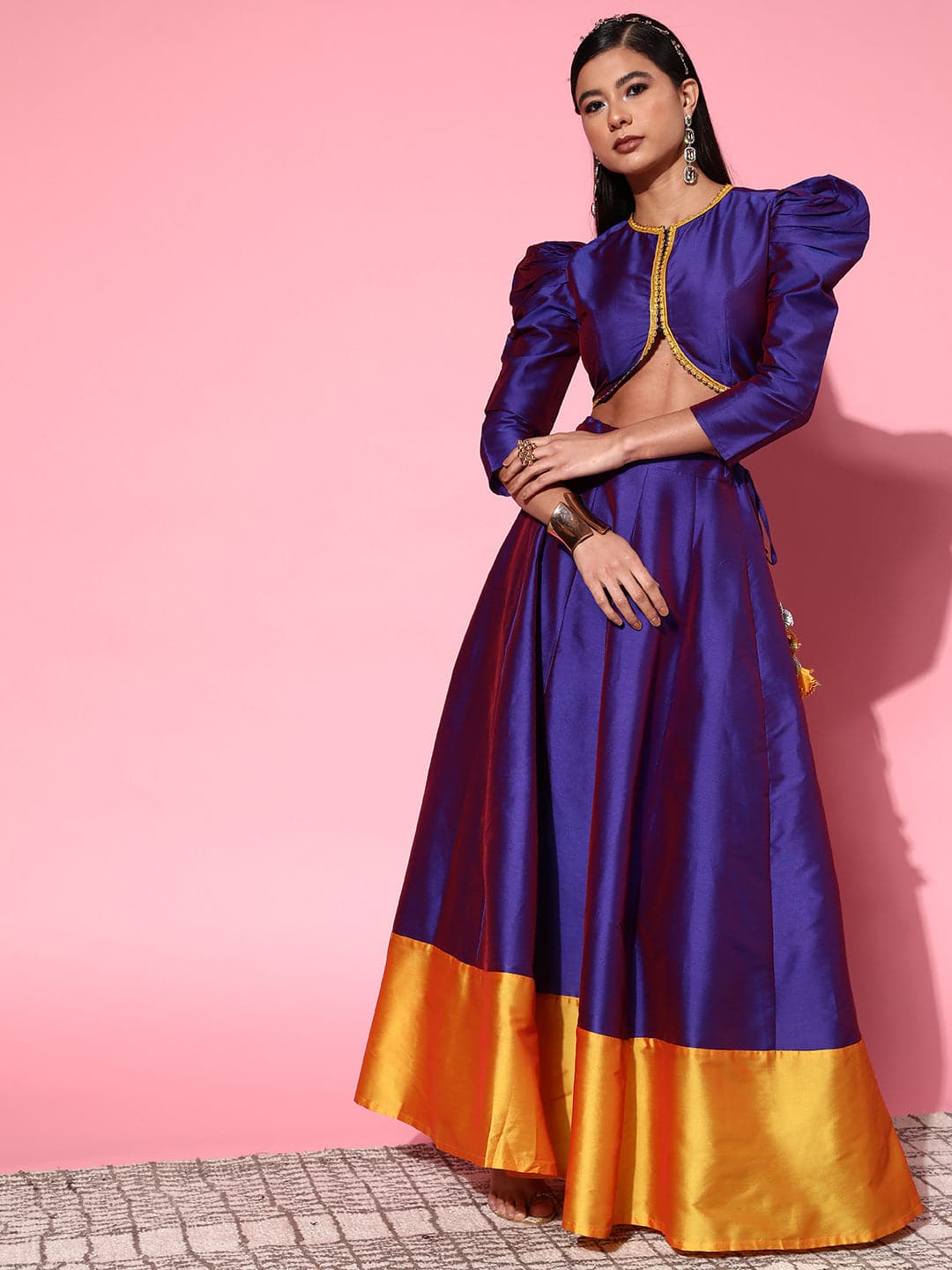 Purple Zari Lace Crop Top With Contrast Anarkali Skirt Shae by SASSAFRAS