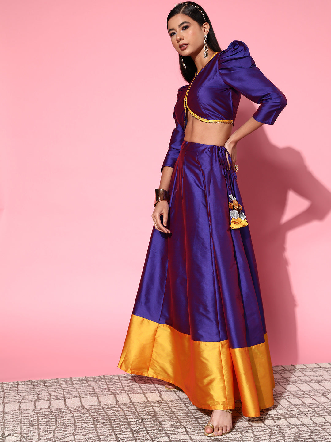 Women Purple Zari Lace Crop Top With Contrast Anarkali Skirt