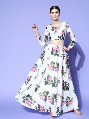 Women White Floral Crop Top With Anarkali Skirt