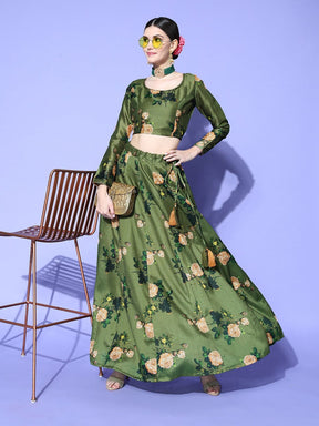 Green Floral Crop Top With Anarkali Skirt-Shae by SASSAFRAS