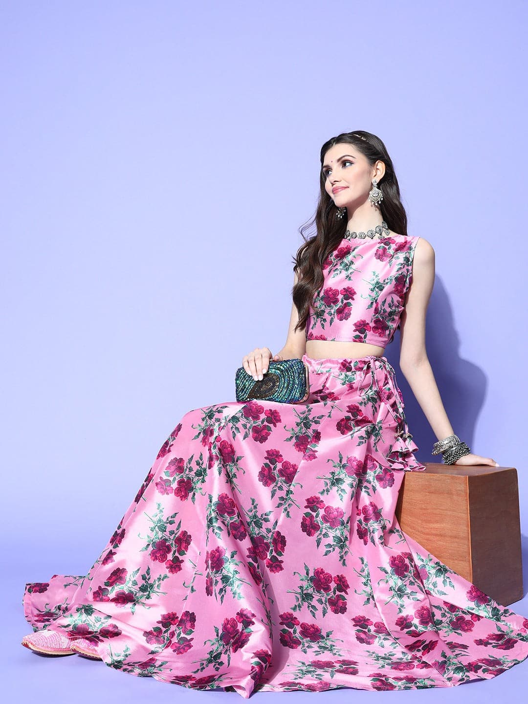 Pink Floral Crop Top with Anarkali Skirt-Shae by SASSAFRAS