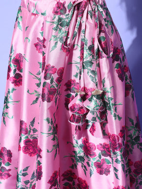 Women Pink Floral Crop Top with Anarkali Skirt