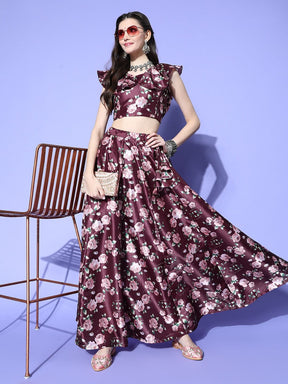 Burgundy Floral Layered Crop Top With Anarkali Skirt-Shae by SASSAFRAS