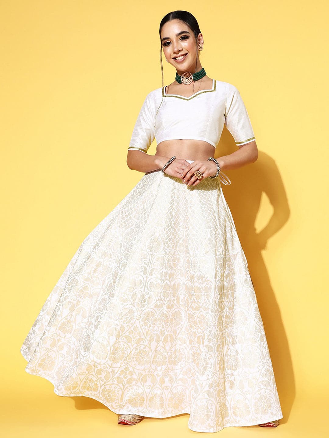 White Crop Top With Foil Anarkali Skirt-Shae by SASSAFRAS