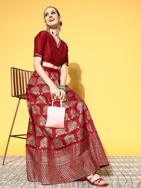 Women Maroon Crop Top With Foil Anarkali Skirt