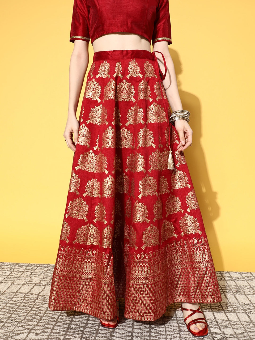 Women Maroon Crop Top With Foil Anarkali Skirt