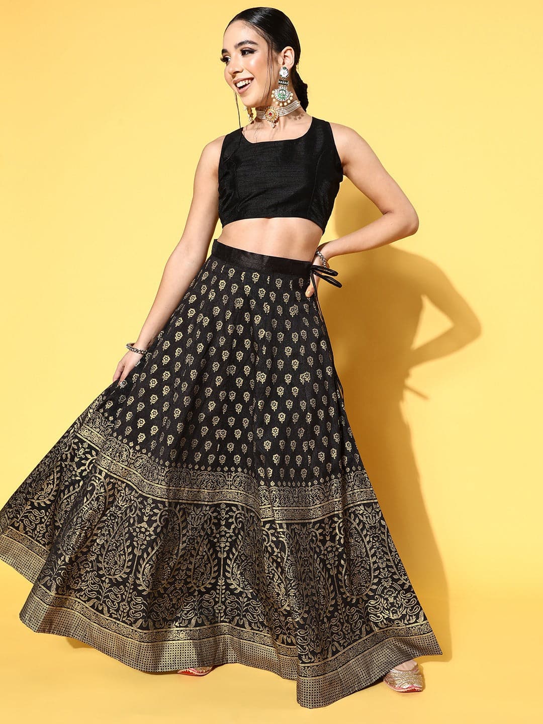 Black Crop Top With Paisley Foil Anarkali Skirt-Shae by SASSAFRAS
