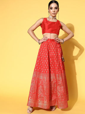 Red Crop Top With Paisley Foil Anarkali Skirt-Shae by SASSAFRAS