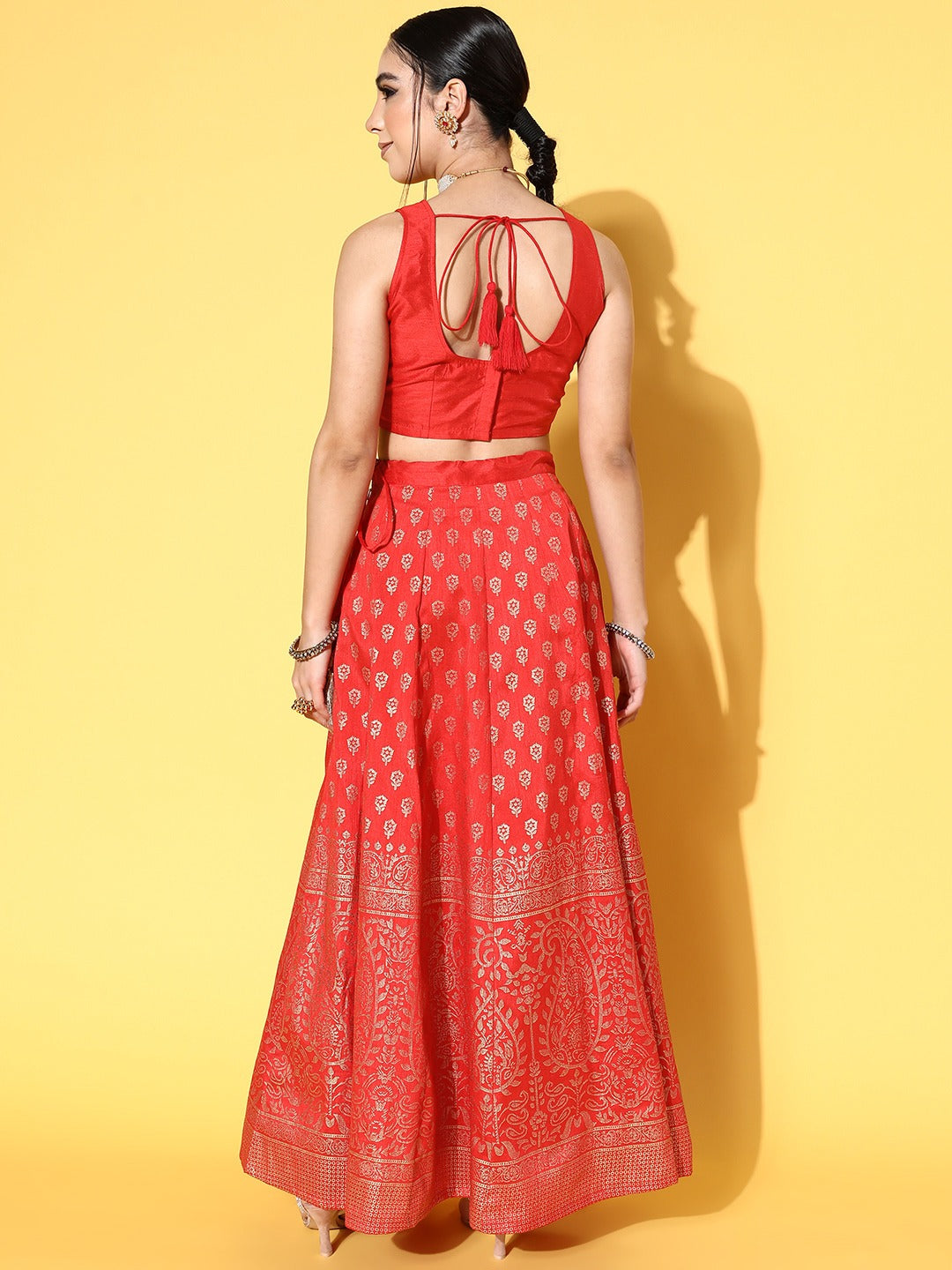 Women Red Crop Top With Paisley Foil Anarkali Skirt