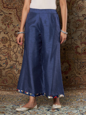 Women Royal Blue Floral Velvet Kurta With Palazzo Pants