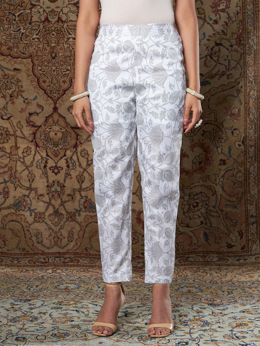 Fresco Classic Trouser White in Silk Brocade  SUKETDHIR