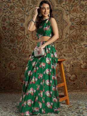 Green Chanderi Floral Crop Top With Anarkali Skirt-Shae by SASSAFRAS