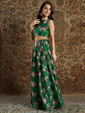 Women Green Chanderi Floral Crop Top With Anarkali Skirt