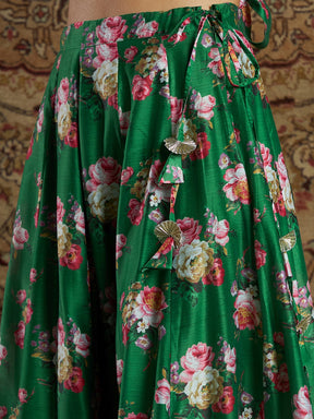 Women Green Chanderi Floral Crop Top With Anarkali Skirt